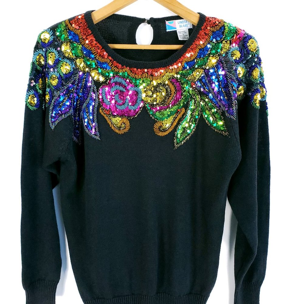 Vtg Lindsey Blake Sweater Women's S Black Multicolor Sequins Beads Wearable Art - Picture 1 of 11